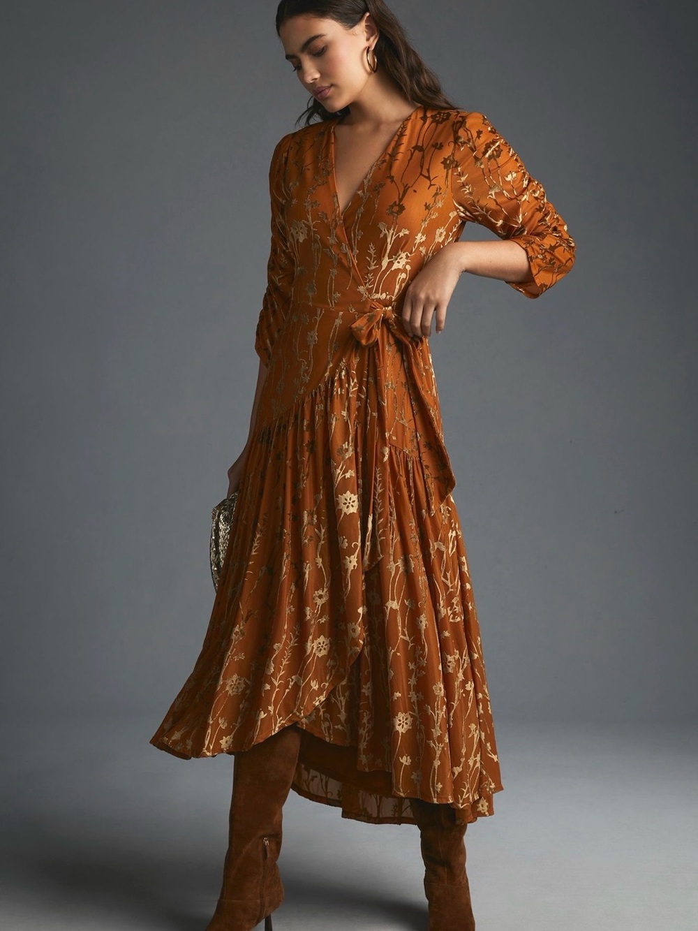 Anthropologie Hutch Velvet Wrap Dress Burnt Orange Gold Floral Midi Dress Size S